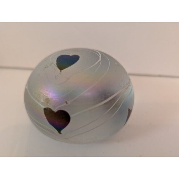 Handblown Iridescent Glass Paperweight With Heart Design & Swirl Pattern - Picture 2 of 6